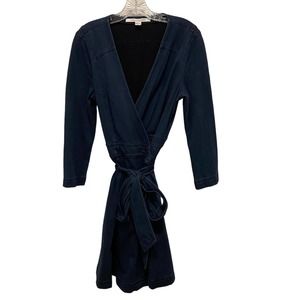 Diane von Furstenberg Women's Knee Length V Neck Wrap Dress in Blue Denim Size12